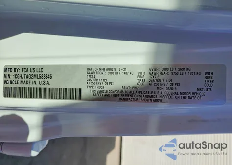 2021 Jeep Gladiator Sport z USA, uszkodzony, nr VIN 1C6HJTAG2ML588346